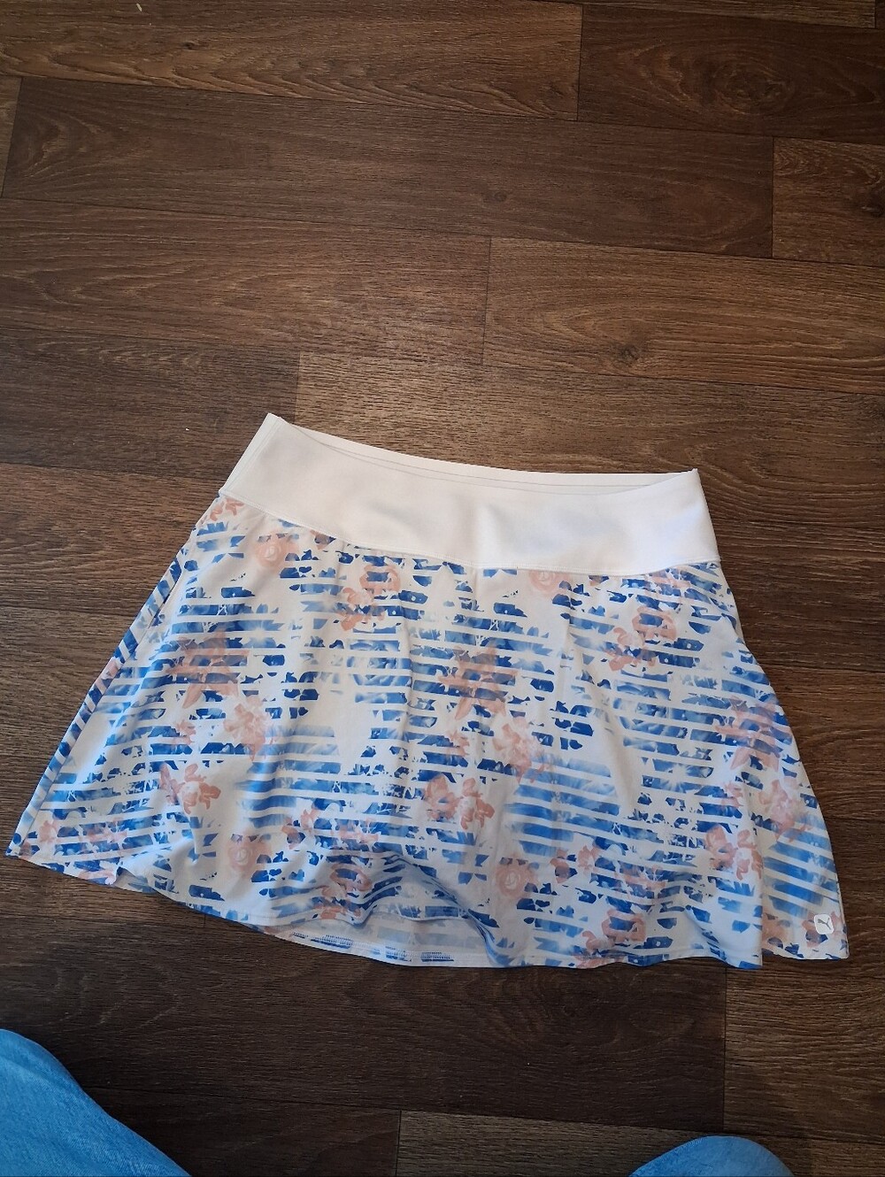 Puma White Waist Blue-Striped Floral Skater Skirt
